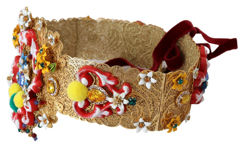 Ornate gold metal filigree wide waist belt with colorful floral enamel, crystals, and red velvet ties