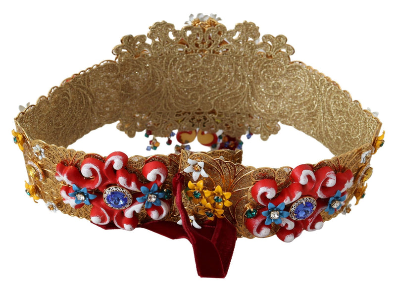 Ornate gold wide metal waist belt featuring red, white, and blue floral crystals and velvet accents