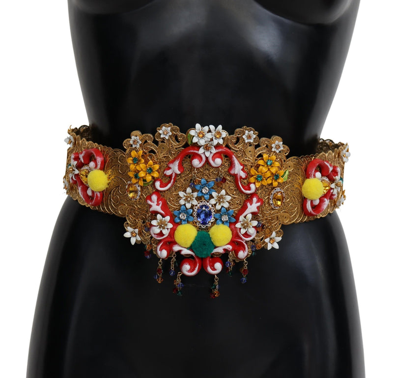 Wide gold metal waist belt with colorful floral crystal and pompom embellishments