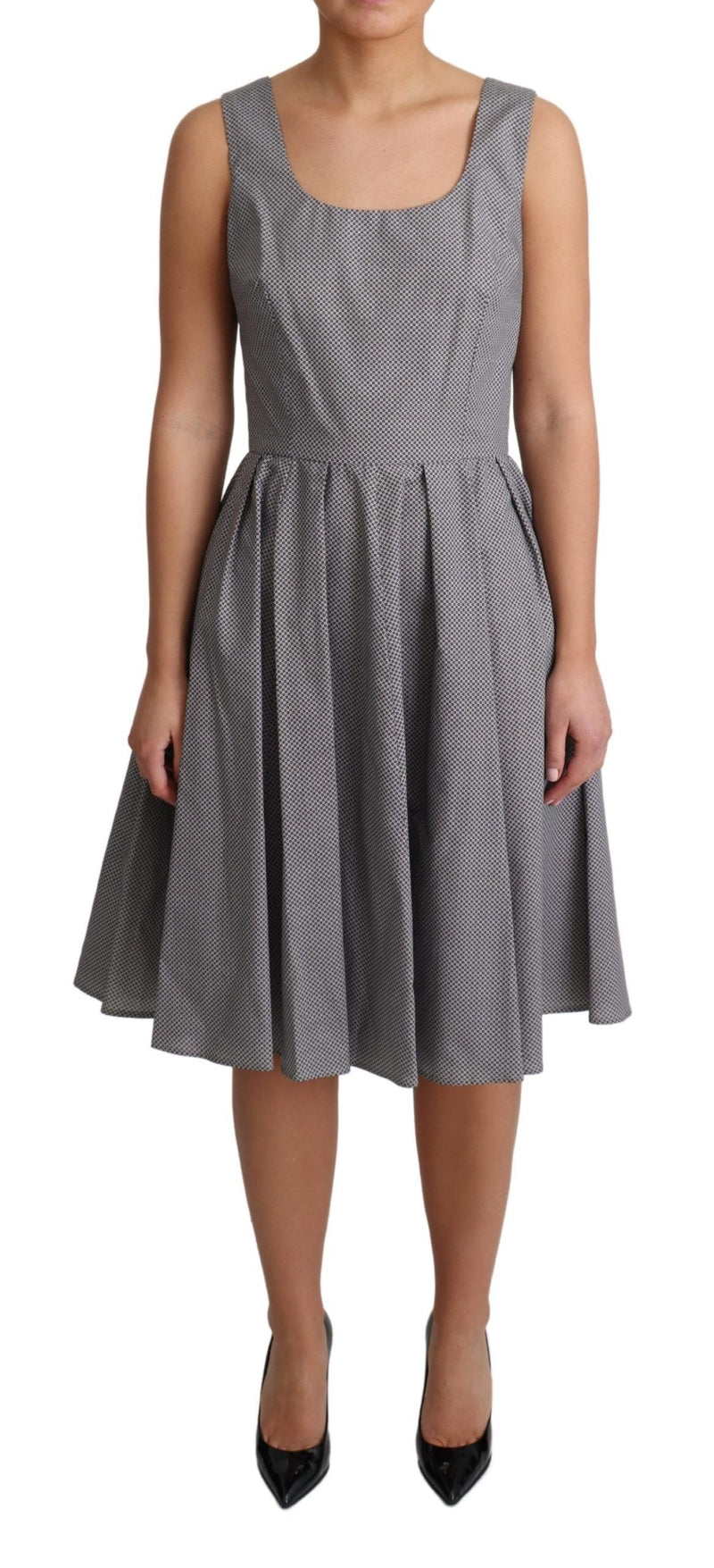 Blue and beige geometric print cotton A-line dress with a scoop neck and pleated skirt