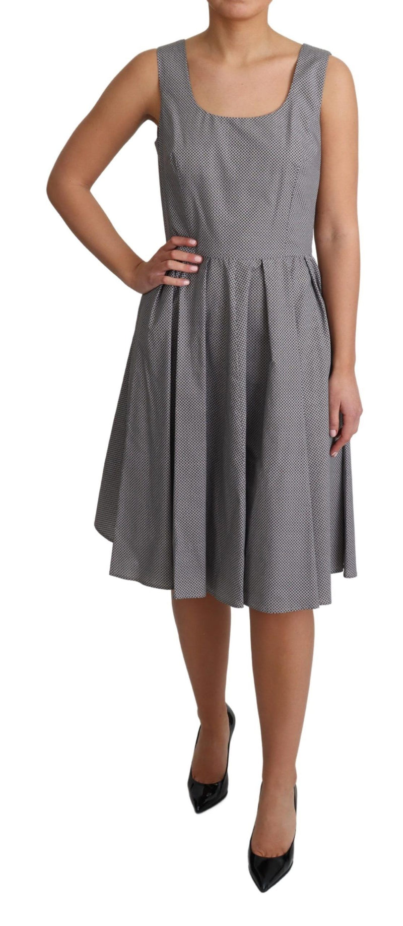 Blue and beige geometric print cotton sleeveless A-line dress