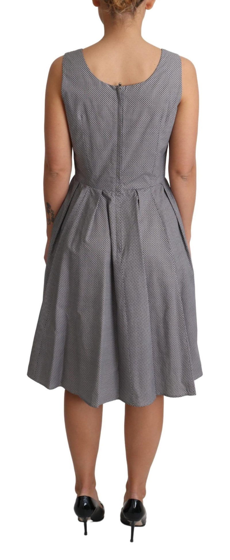 Blue and beige geometric cotton sleeveless A-line dress seen from behind
