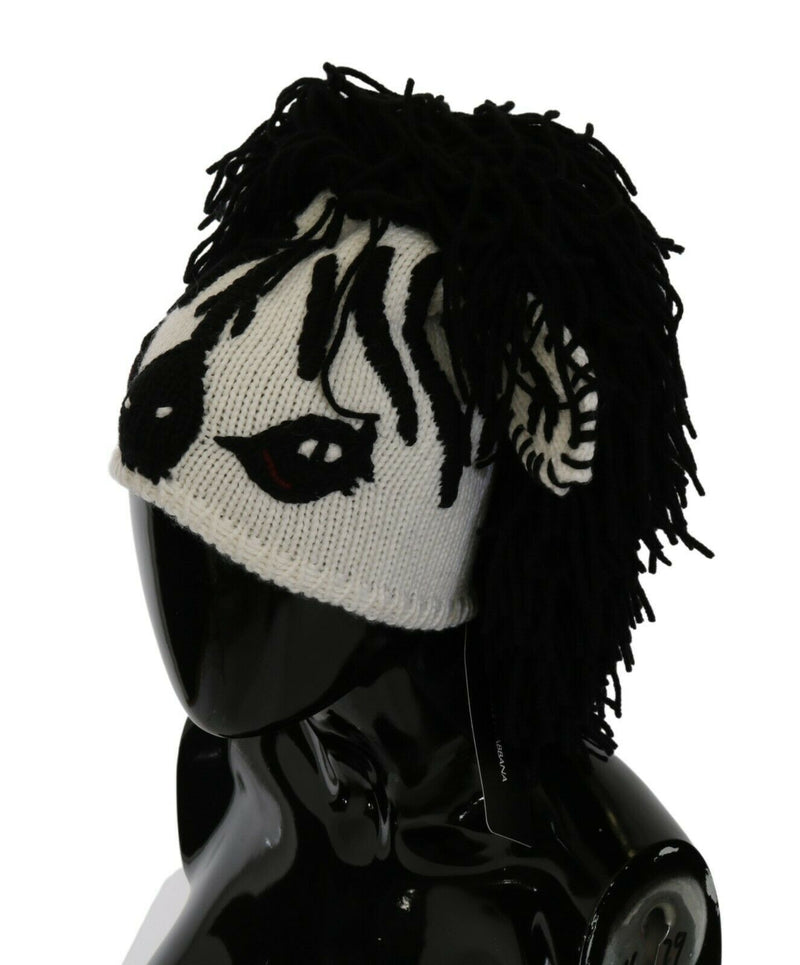 Black and white knitted cashmere zebra hat with a 3D mane and ears