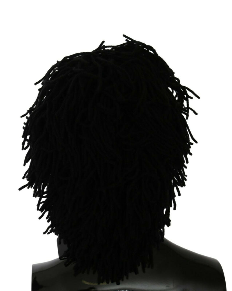 Black shaggy knitted cashmere hat with fringe texture on a mannequin