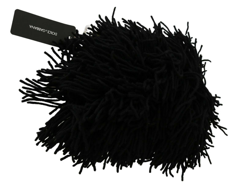 Black shaggy knitted cashmere hat with a Dolce & Gabbana tag attached