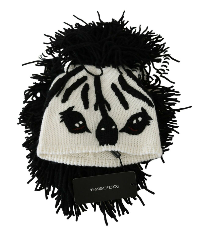 Black and white knitted cashmere beanie with fringe and zebra face design