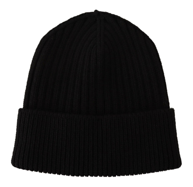 Black ribbed wool knit winter beanie hat