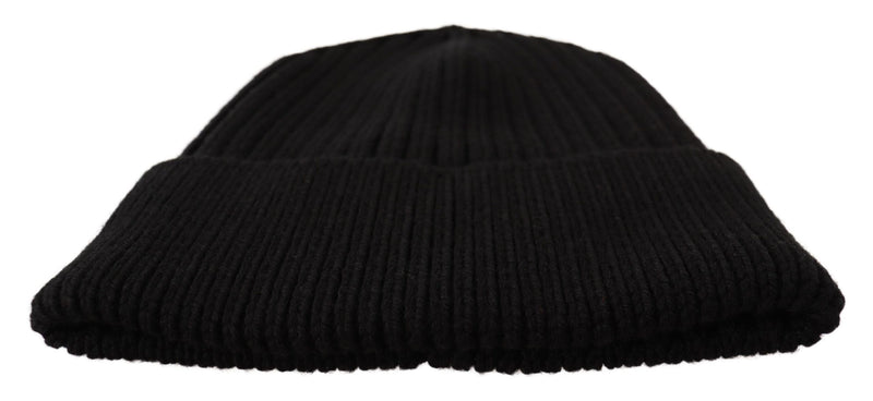 Black ribbed wool knit winter beanie hat