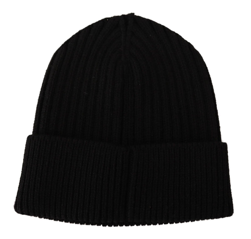 Black ribbed wool knit winter beanie hat