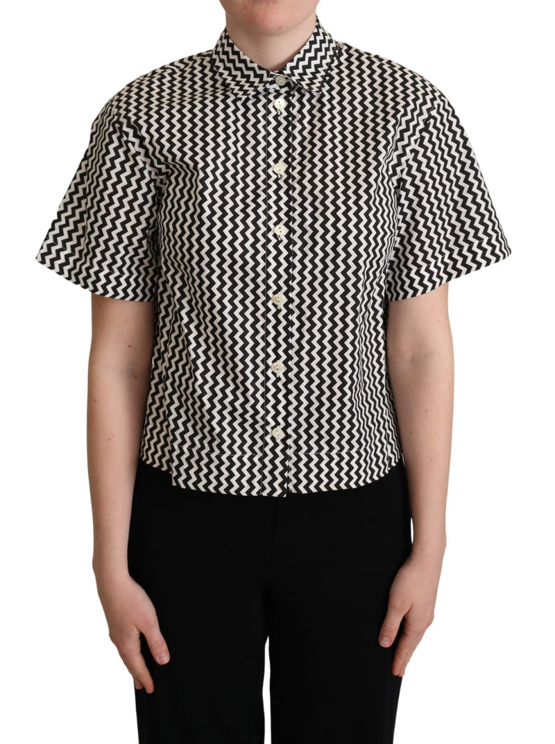 Black and white zigzag cotton short-sleeve button-up shirt with a pointed collar