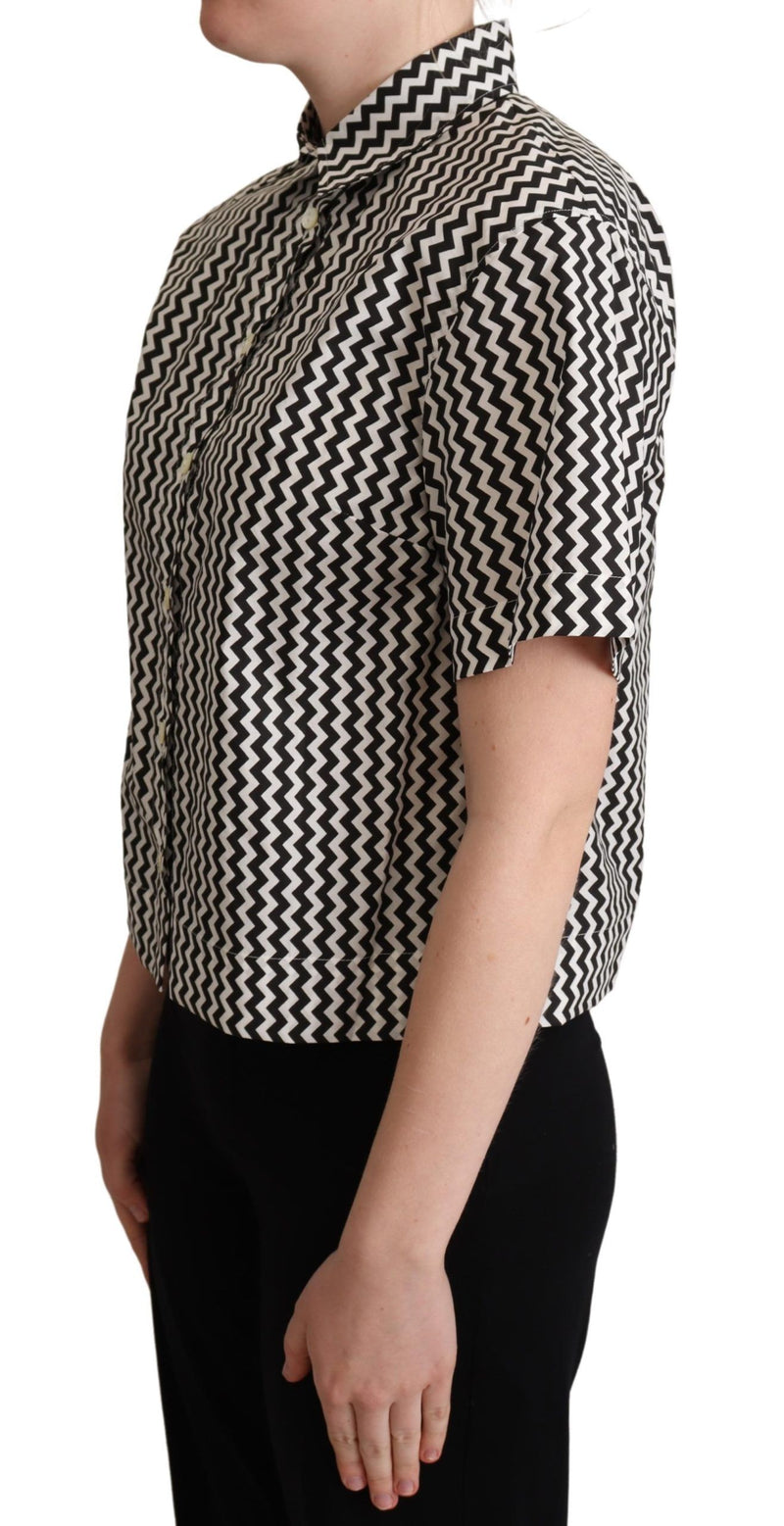 Black and white zigzag cotton short sleeve button up shirt