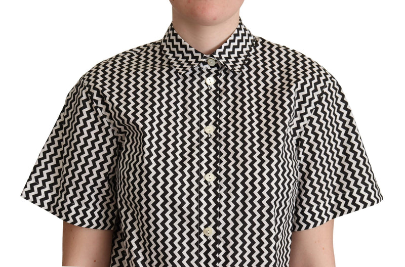 Black and white zigzag patterned cotton short-sleeve button-up shirt with a classic collar