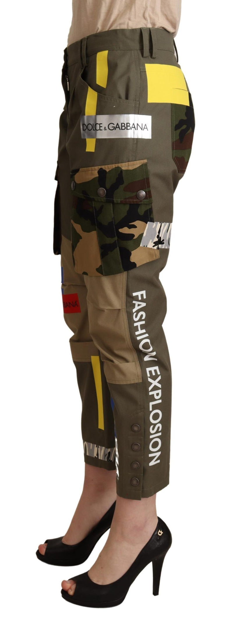 Dolce & Gabbana green cotton military cargo pants with camouflage and yellow patches