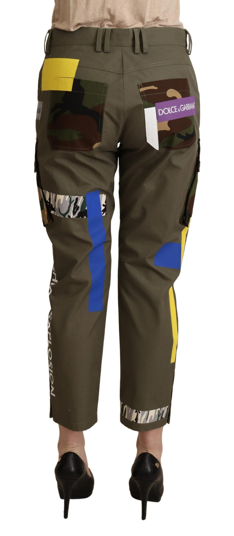 Green cotton military cargo pants with multicolored patches