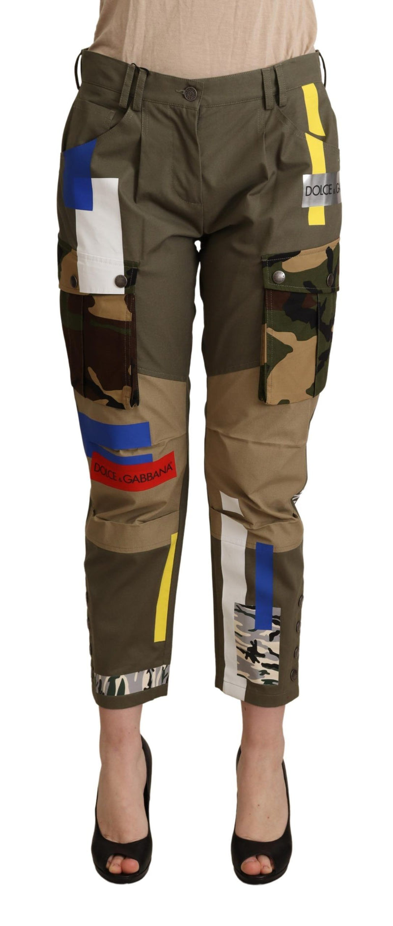 Green cotton military cargo pants with mixed camo and color-block patches