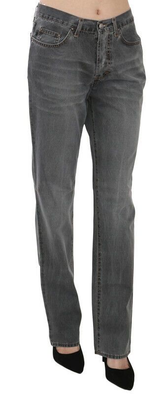 Gray washed mid waist straight denim jeans pants