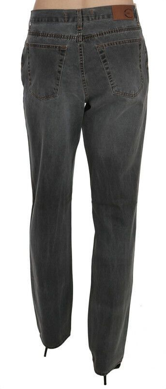 Gray washed mid-waist straight denim jeans from behind with back pockets