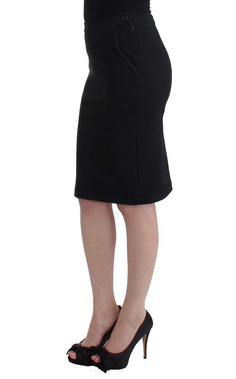 Black straight knee-length pencil skirt with side pockets and button detail on the waistband