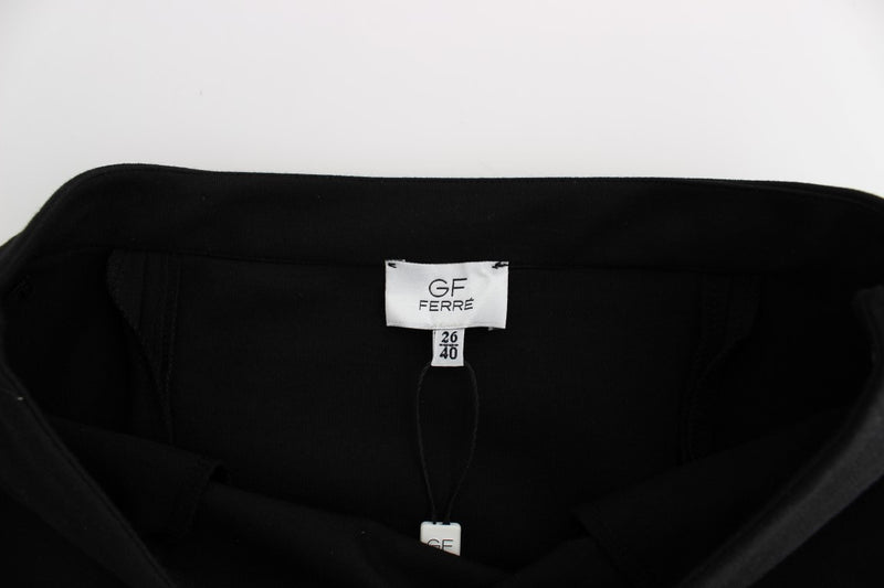 Black straight pencil skirt with a white GF Ferre brand tag inside the waistband