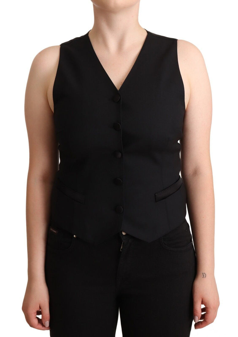 Black sleeveless button-down viscose vest top worn on a person
