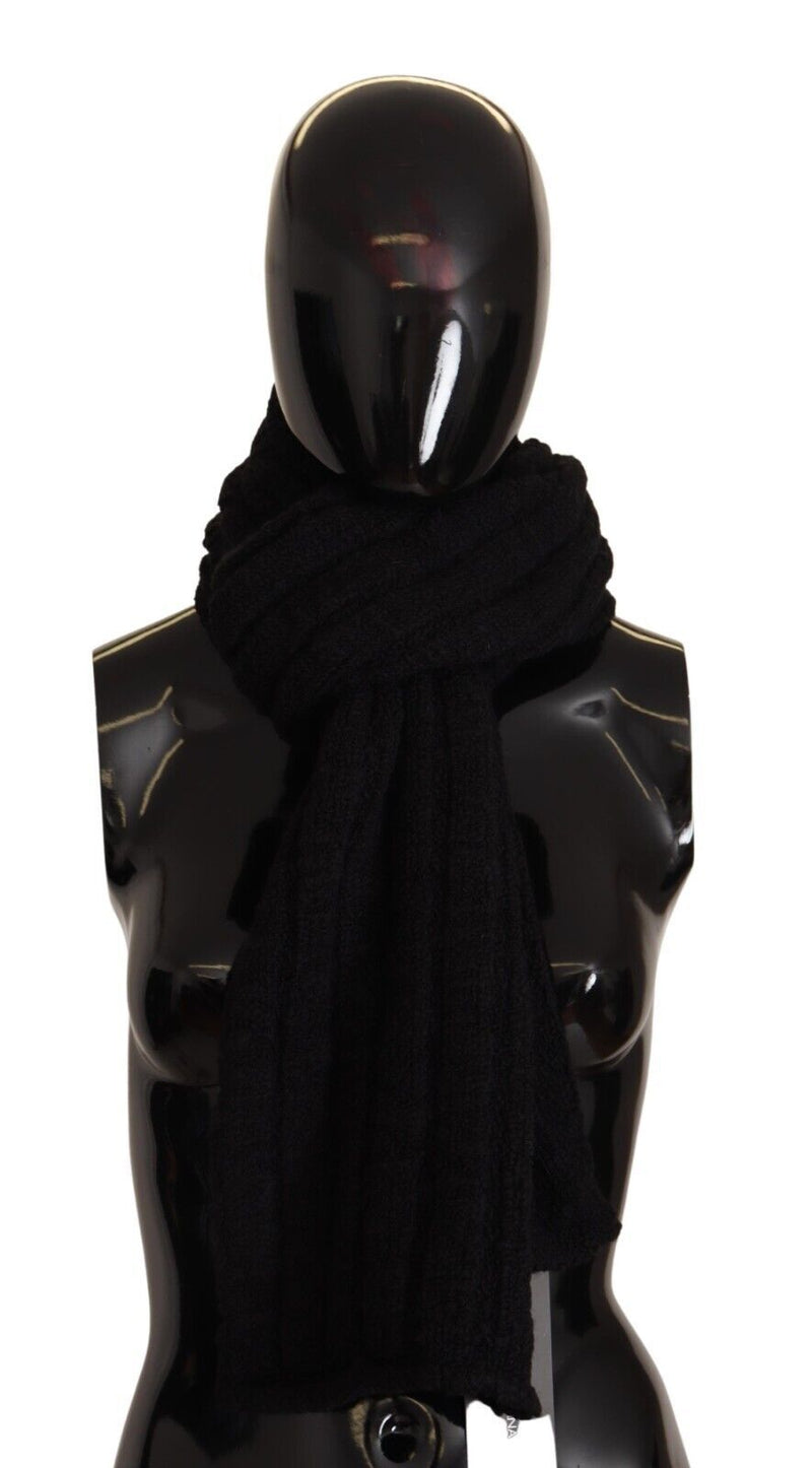Black virgin wool knitted scarf wrapped around a mannequin