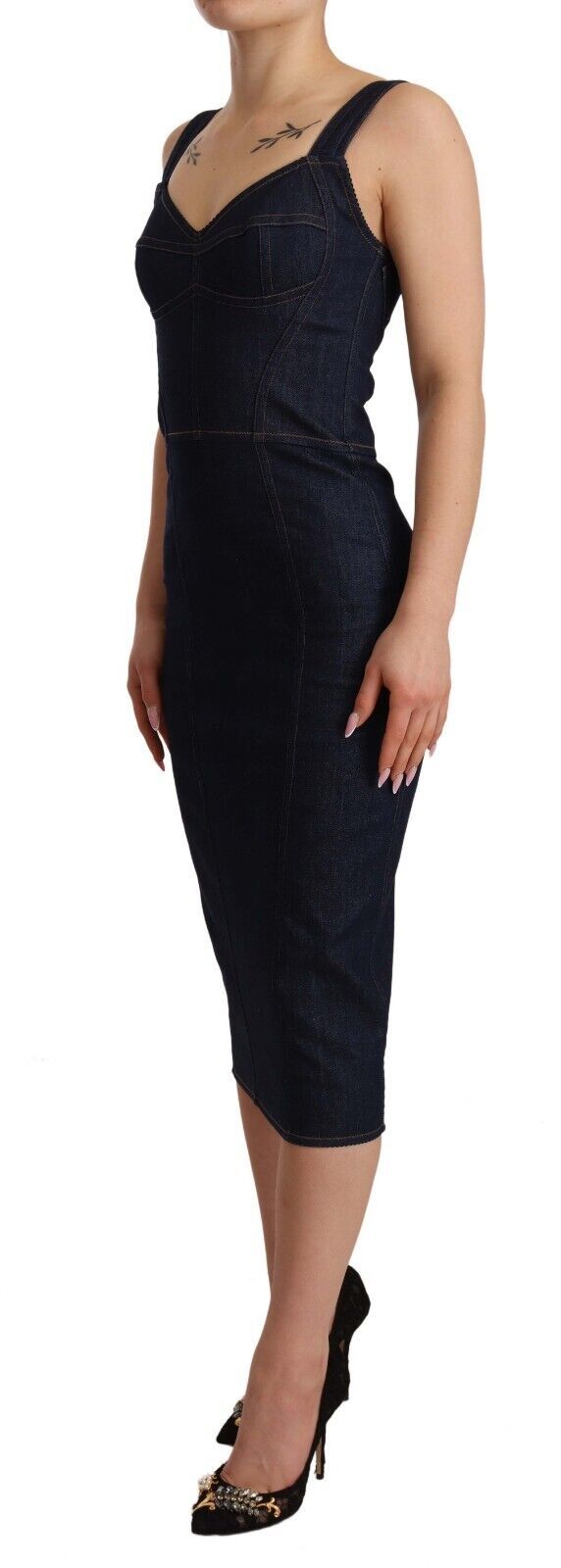 Dark blue cotton denim sheath midi dress with a sweetheart neckline and thick straps