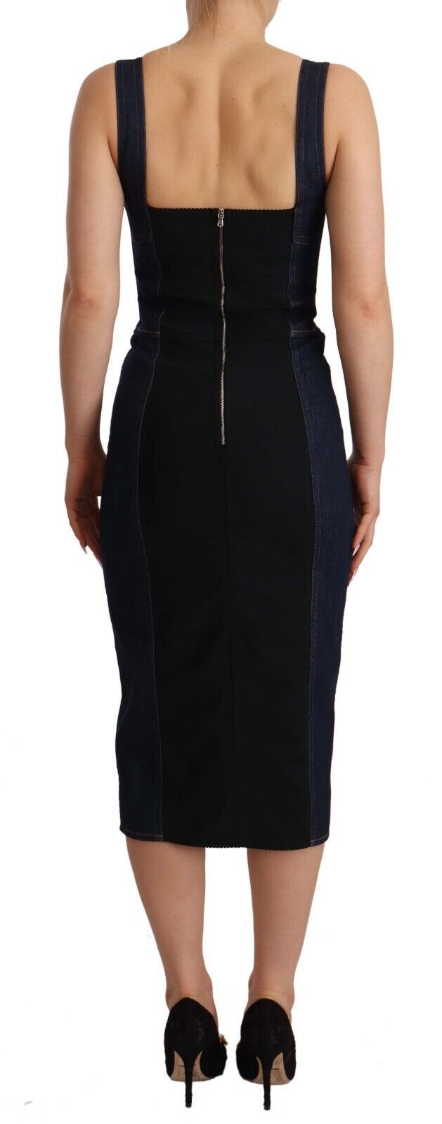 Dark blue and black cotton denim midi sheath dress viewed from behind