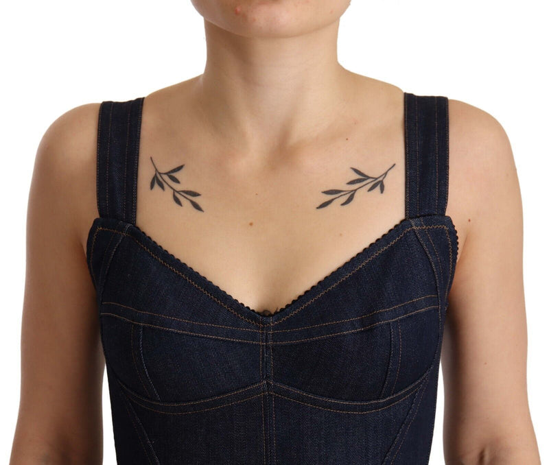 Dark blue cotton denim bustier dress with wide straps and sweetheart neckline