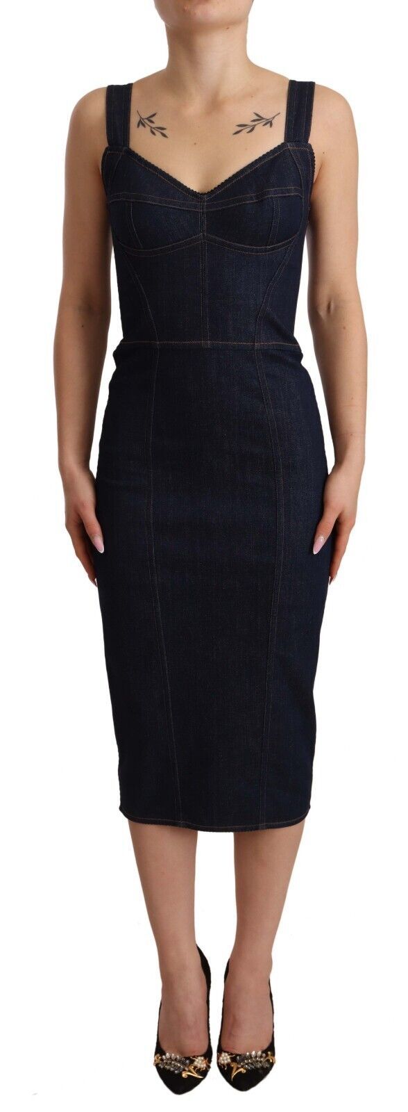 Dark blue cotton denim sleeveless sheath midi dress with sweetheart neckline