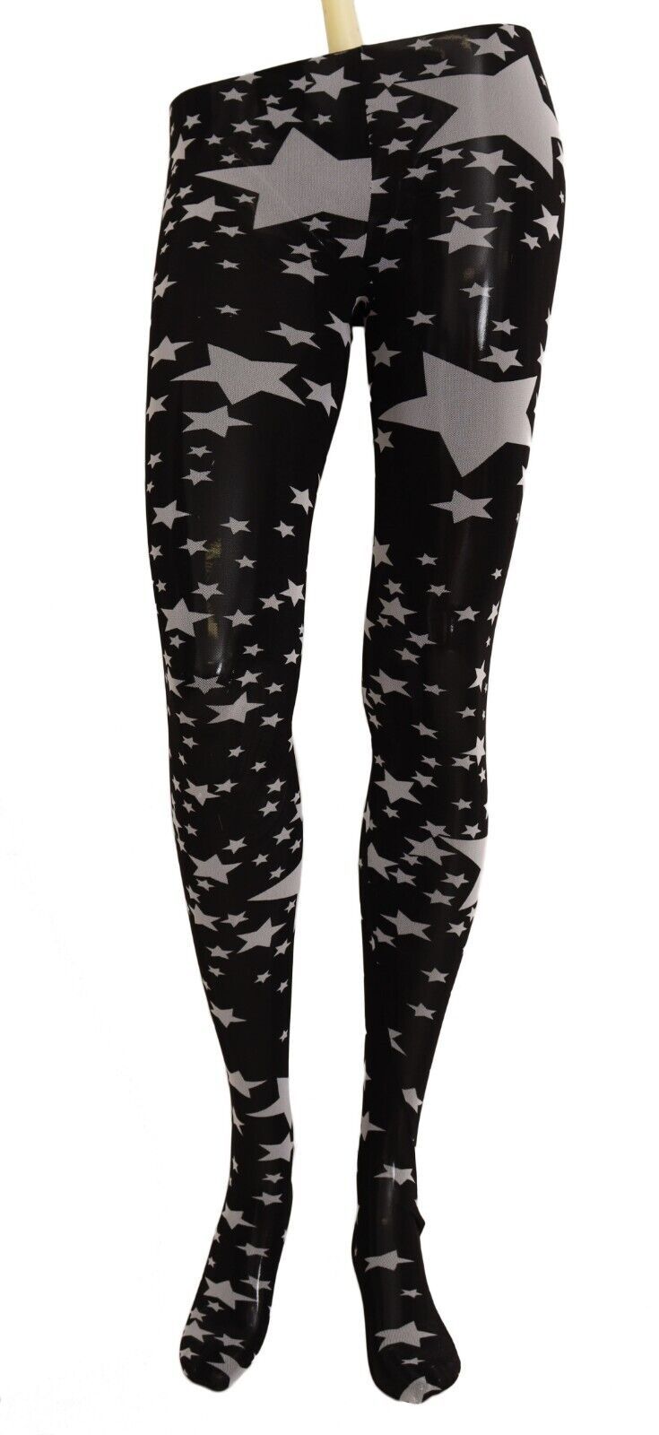 Black nylon stockings with a white star print pattern on a mannequin