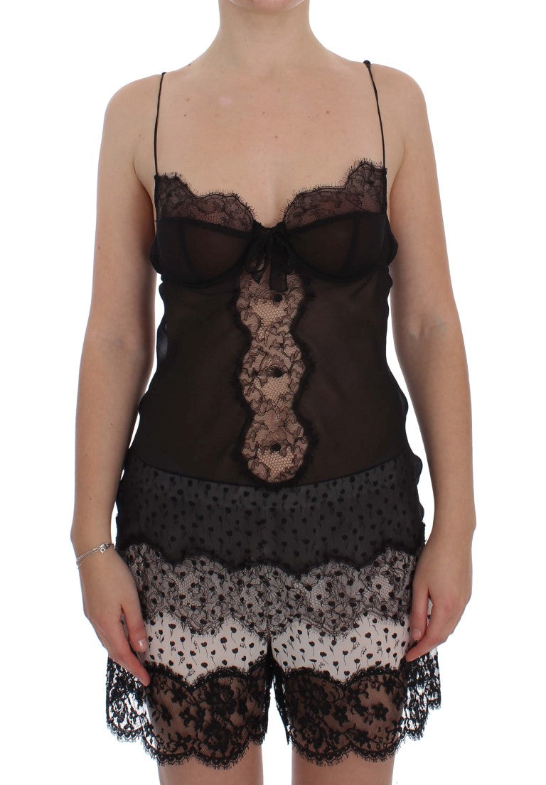 Black silk and lace babydoll lingerie top with spaghetti straps and sheer paneling