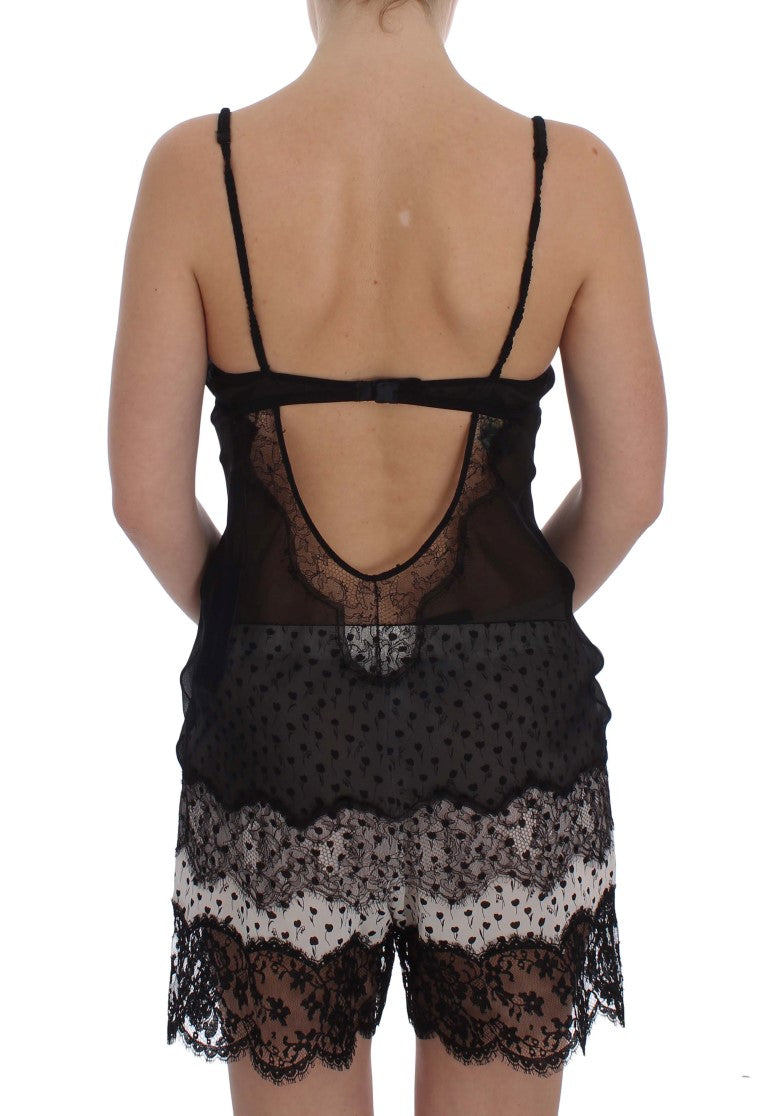 Black silk babydoll lingerie top with thin straps and lace trim viewed from back