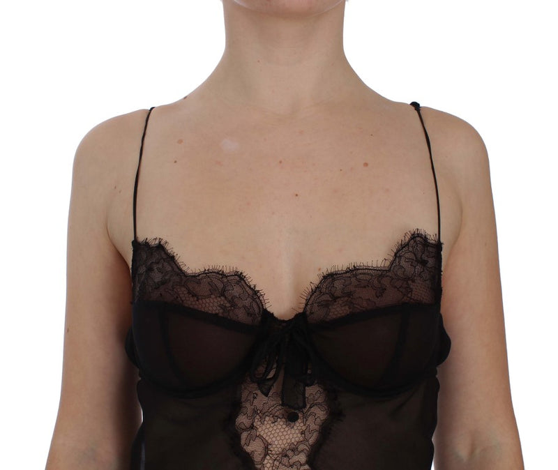Black silk babydoll lingerie top with sheer lace trim and spaghetti straps