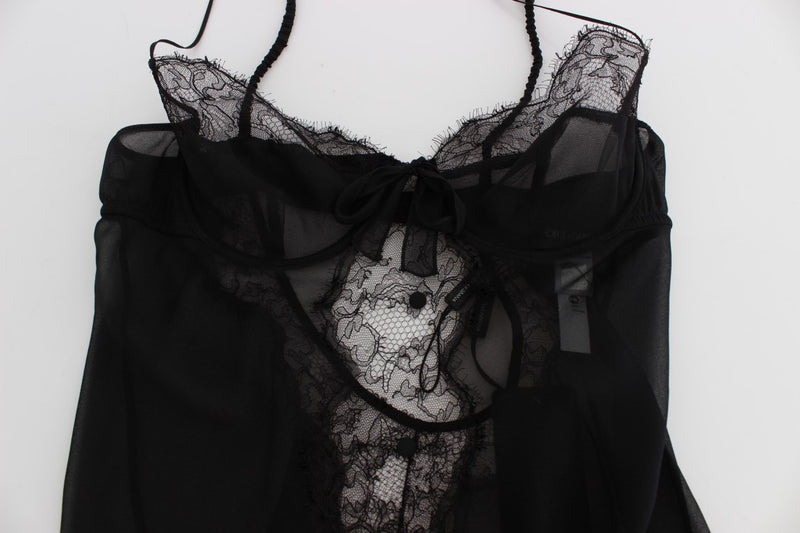 Black silk and lace babydoll lingerie top with sheer fabric and a bow detail