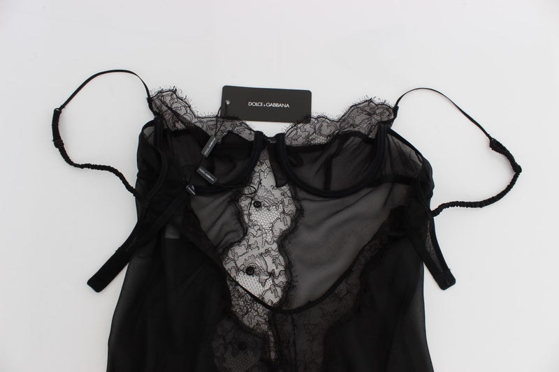 Black sheer silk and lace babydoll lingerie top with thin straps