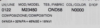 Close up of product tag showing model M23450, fabric OND58, color N0000, and clothing material composition