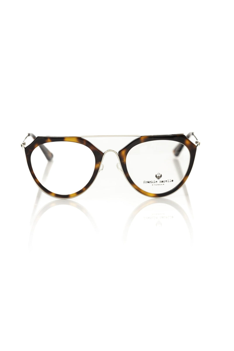 Brown tortoiseshell acetate and metal women's eyeglass frame with geometric lenses