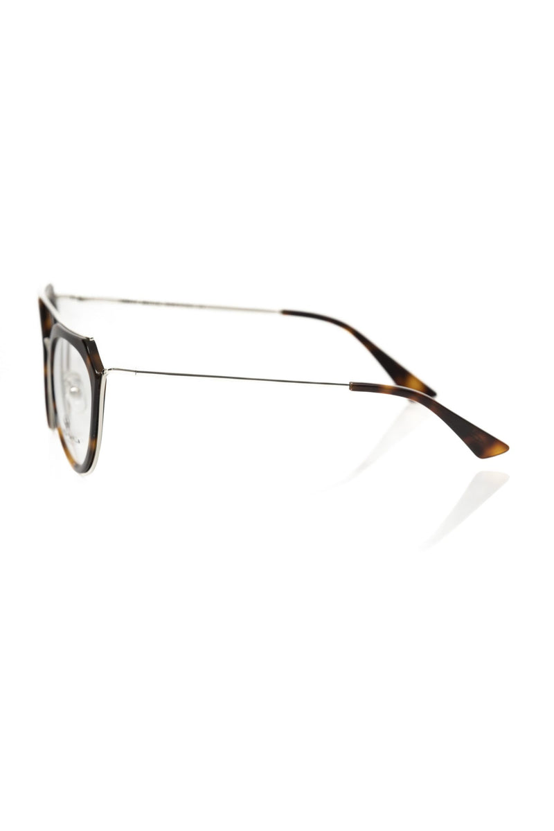 Brown tortoiseshell acetate women's eyeglass frames with thin wire temples shown in profile