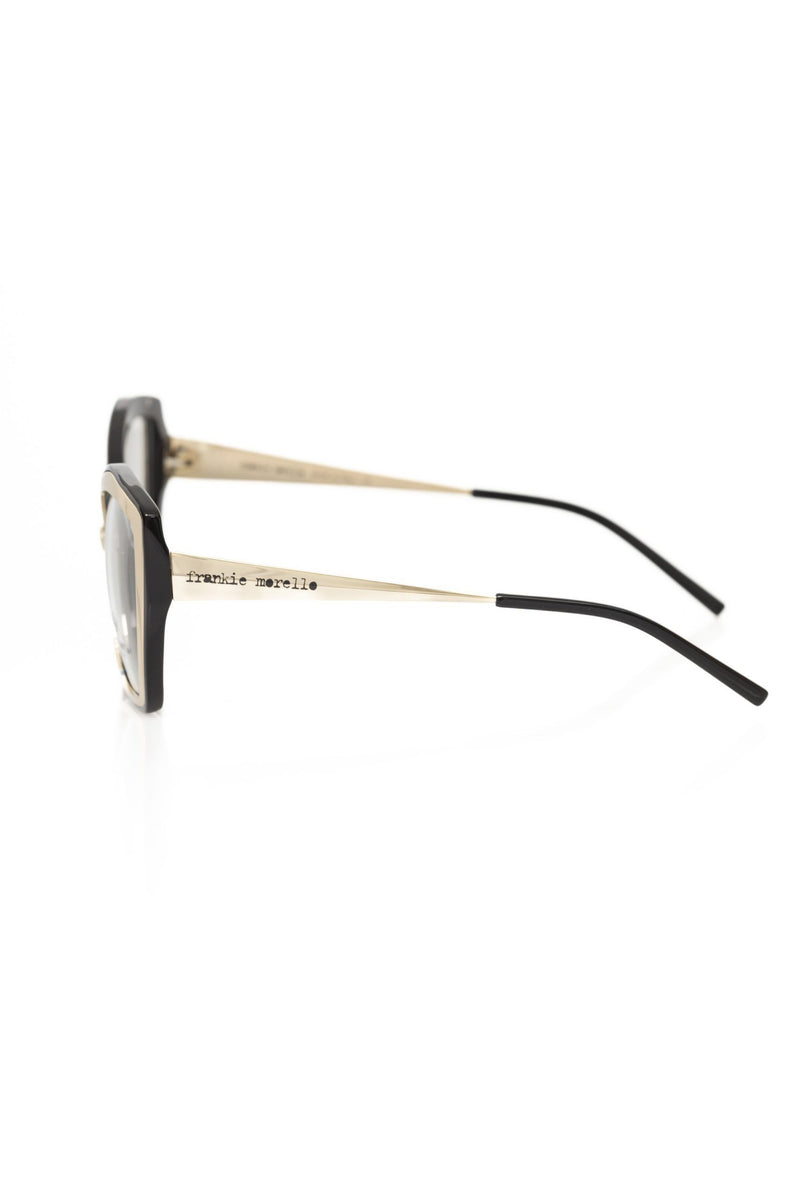 Black and gold acetate women's eyeglass frame in a cat-eye style, shown in profile view