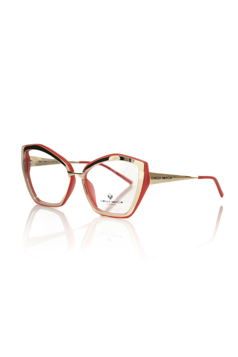 Red and gold cat-eye acetate eyeglasses frame for women with geometric rims