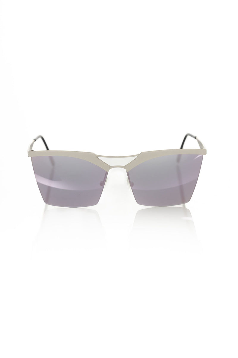 Silver metallic women sunglasses with geometric frames and tinted lenses