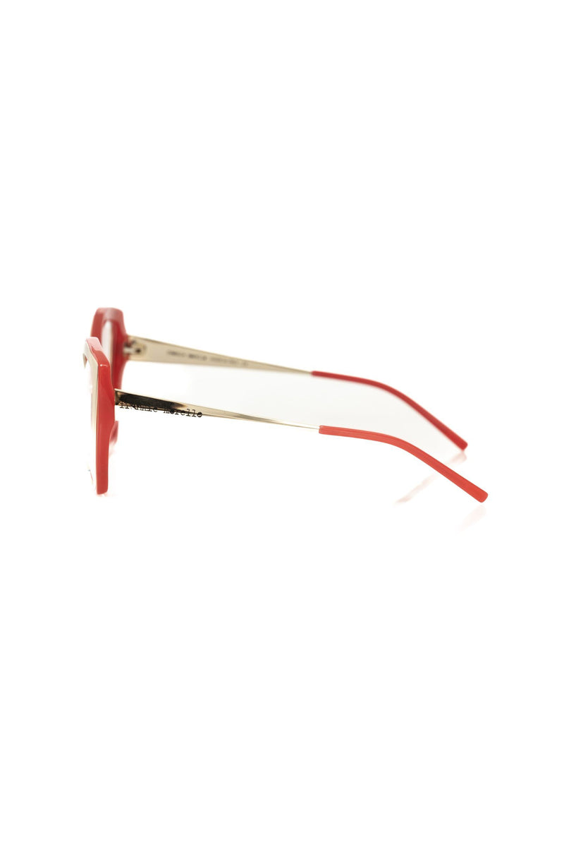 Red acetate and gold-tone metal women's eyeglass frame viewed from the side