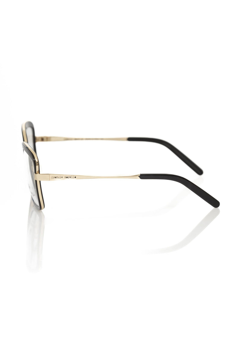 Black and gold metallic eyeglass frame with thin temples and black tips viewed from the side