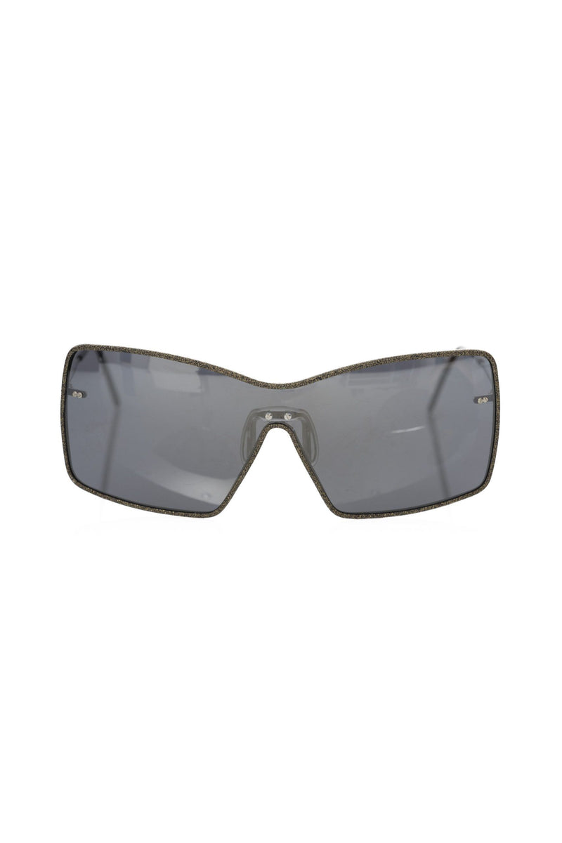 Black metallic fiber wrap-around shield sunglasses for women