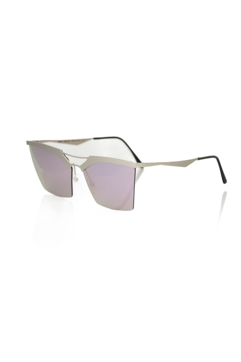 Silver metallic women sunglasses with purple lenses and angular metal frames