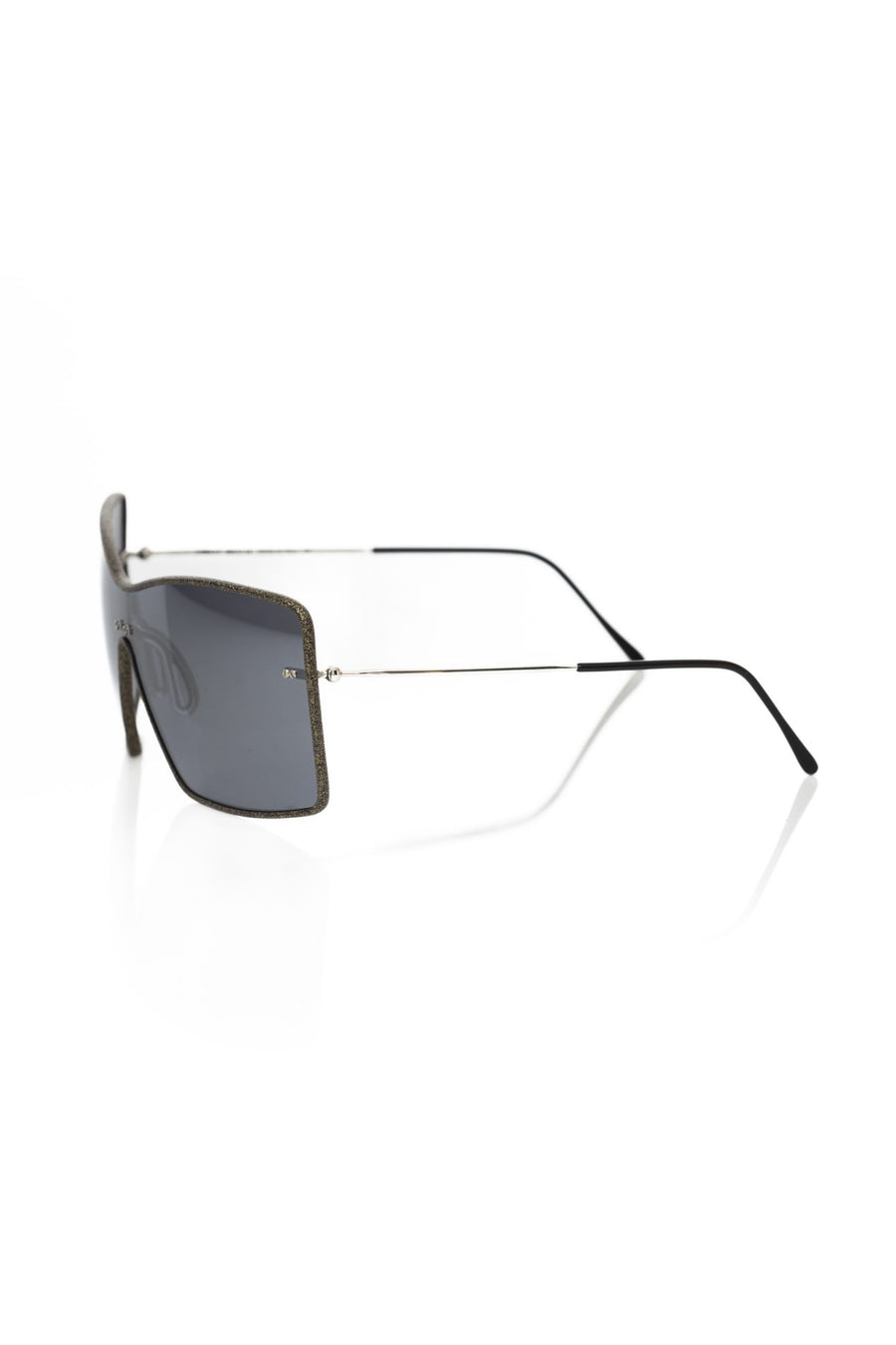 Black metallic fiber wrap-around shield sunglasses for women