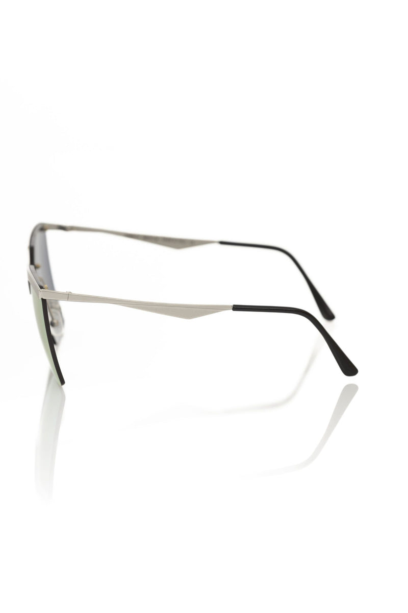 Side view of silver metallic sunglasses with black temple tips