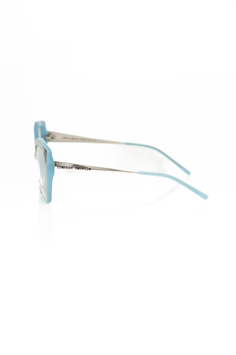 Light blue acetate and silver metal women's eyeglass frame in a geometric style