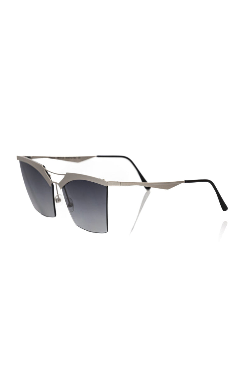 Silver metallic women's sunglasses with dark gradient lenses and a geometric metal frame