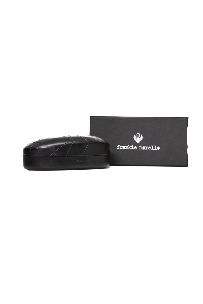 Black leather glasses case with geometric pattern and matching branded box